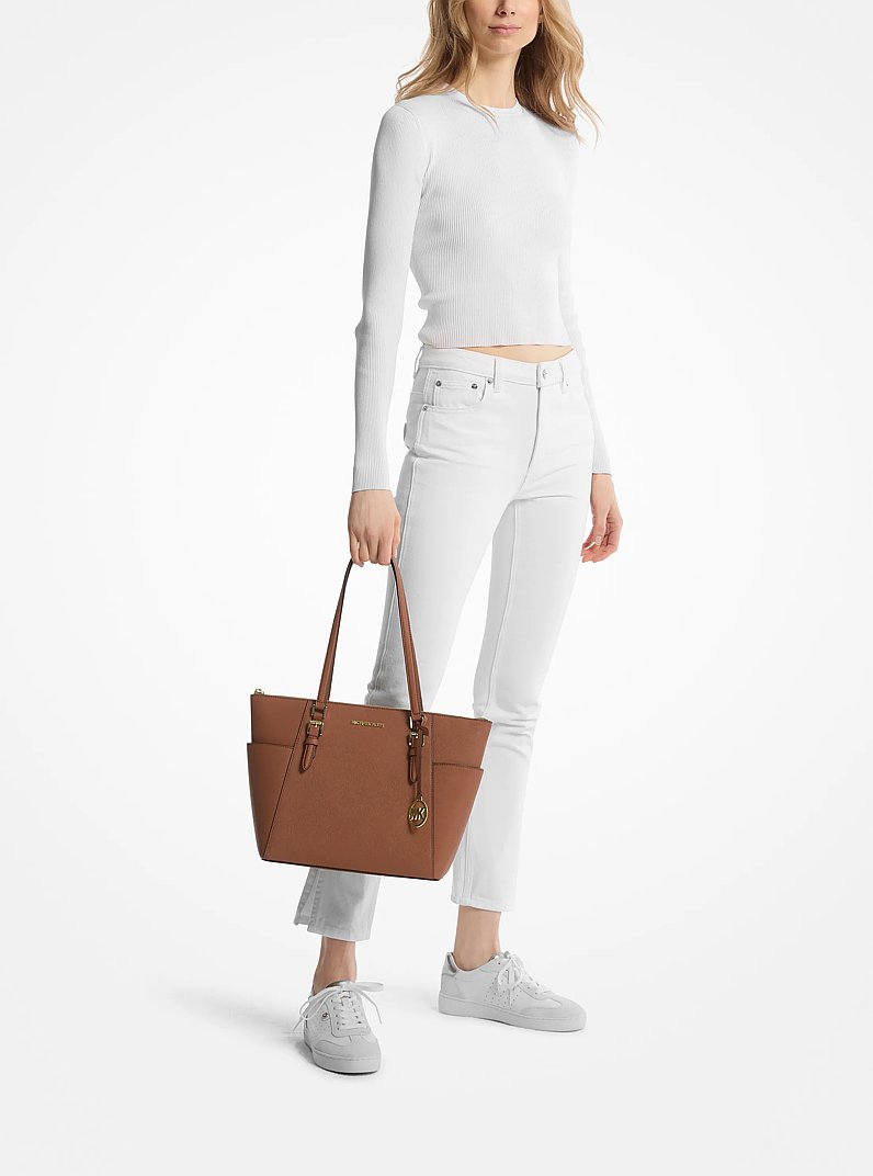 Charlotte Large Saffiano Leather Top-Zip Tote Bag in LUGGAGE | Michael Kors