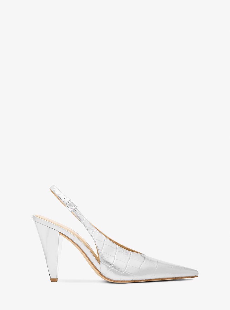Electra Metallic Crocodile Embossed Leather Slingback Pump in SILVER | Michael Kors