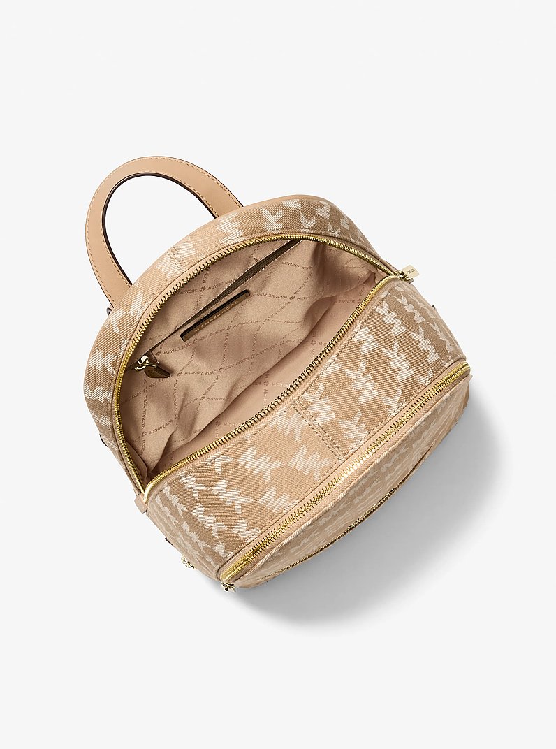 Rhea Medium Logo Jacquard Denim Backpack in CAMEL | Michael Kors