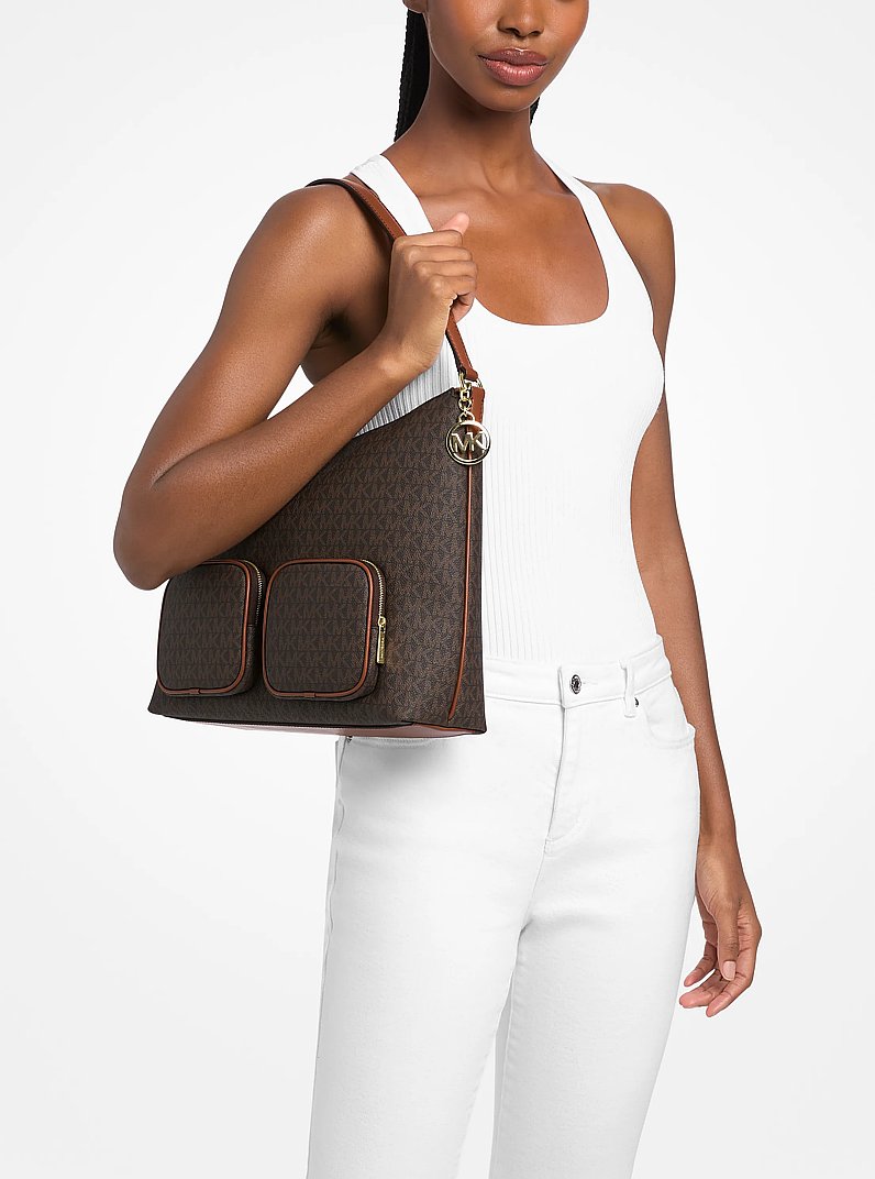 Merritt Large Signature Logo Cargo Shoulder Bag in BROWN | Michael Kors