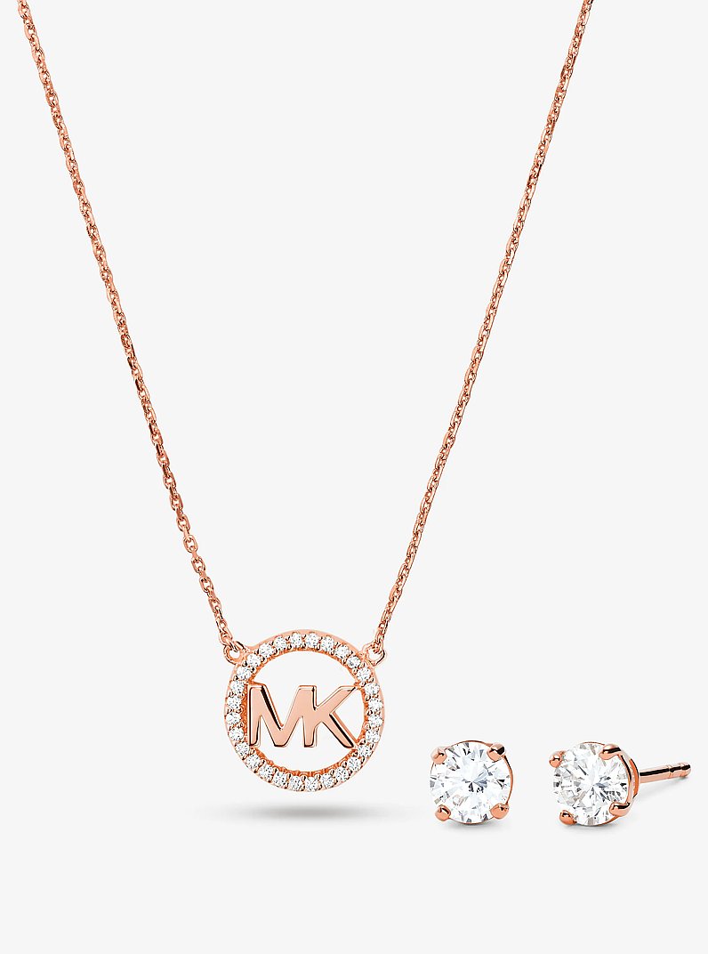 14K Rose Gold-Plated Sterling Silver Pav&eacute; Logo Charm Necklace and Stud Earrings Set in ROSE GOLD | Michael Kors