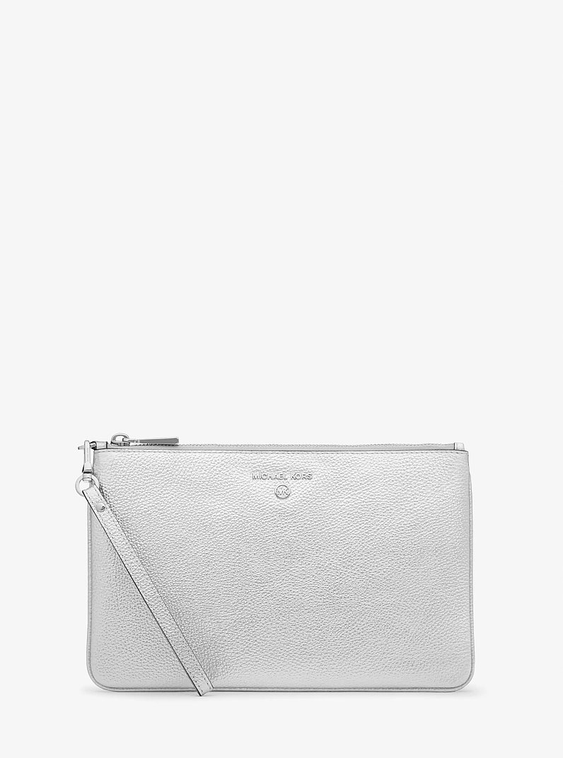 Large Metallic Pebbled Leather Wristlet in SILVER | Michael Kors