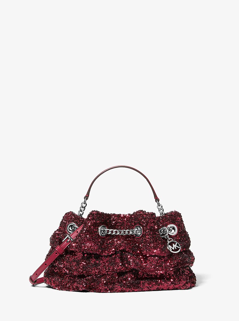 Mina Small Sequin Embellished Convertible Pochette in MAROON | Michael Kors