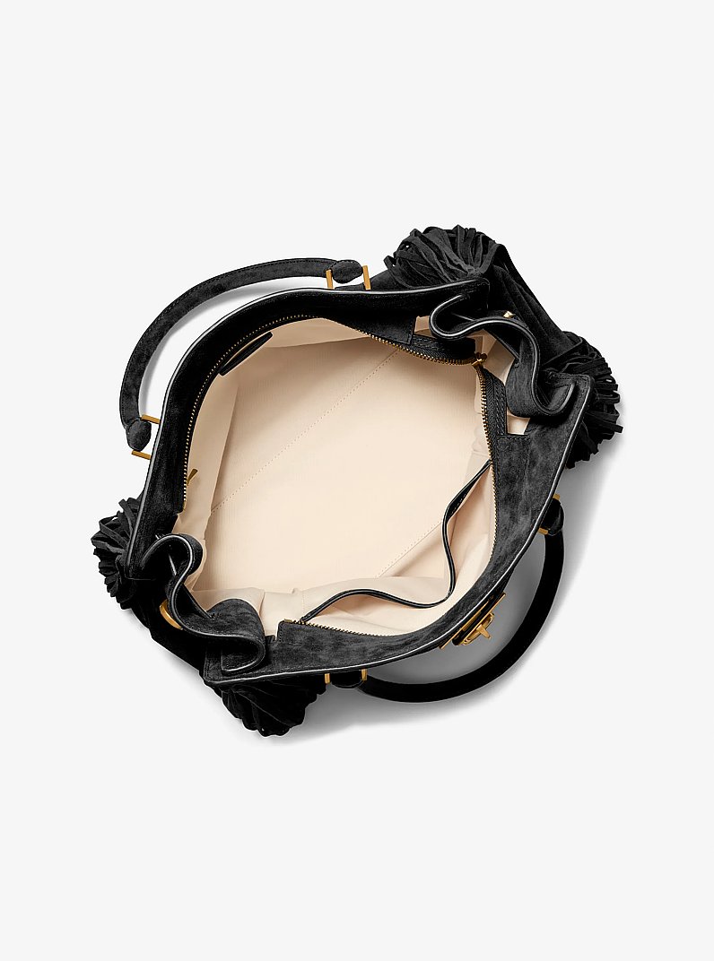 Hamilton Moderne Large Fringed Suede Satchel in BLACK | Michael Kors