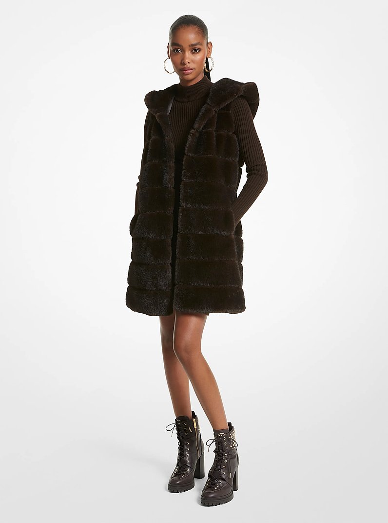 Quilted Faux Fur Hooded Vest in CHOCOLATE | Michael Kors