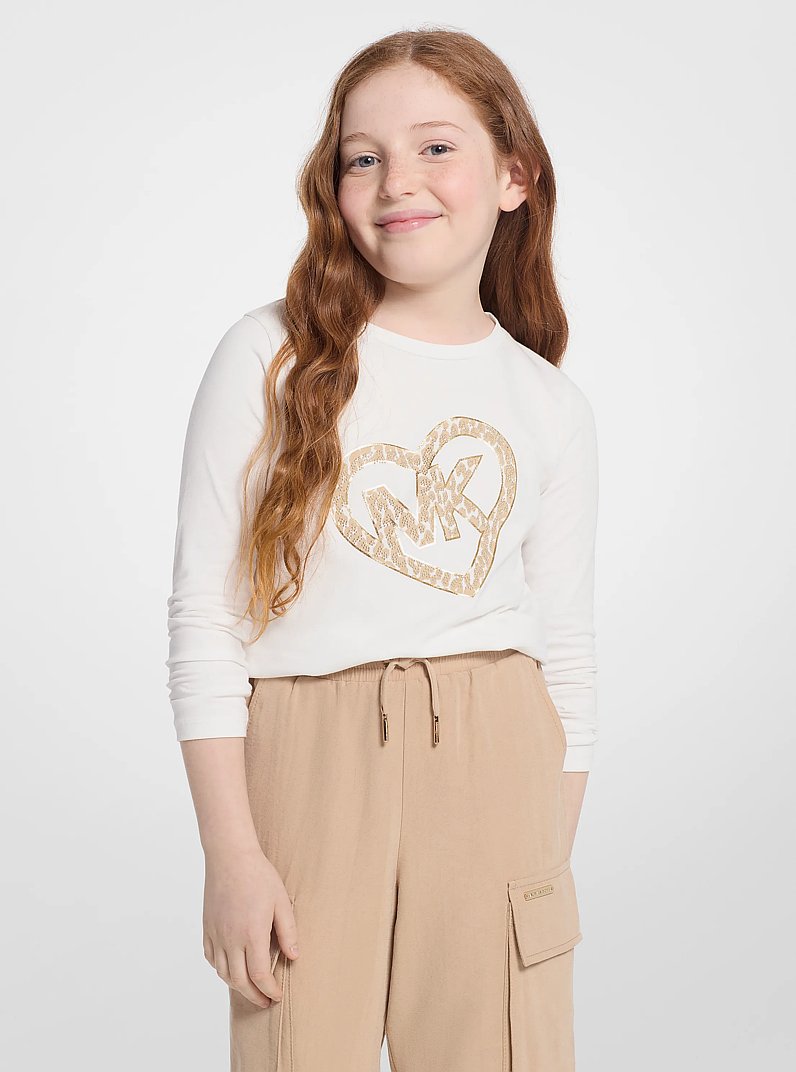 Studded Logo Heart Long-Sleeve T-Shirt in OFF WHITE | Michael Kors