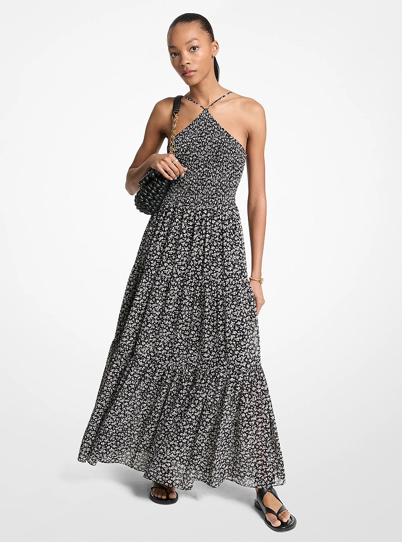 Floral Print Smocked Halter Maxi Dress in TAUPE | Michael Kors