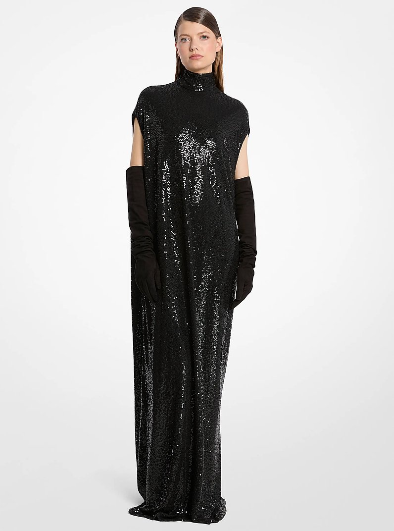 Vestido de crep&eacute; bordado a mano con lentejuelas y cuello alto in NEGRO | Michael Kors