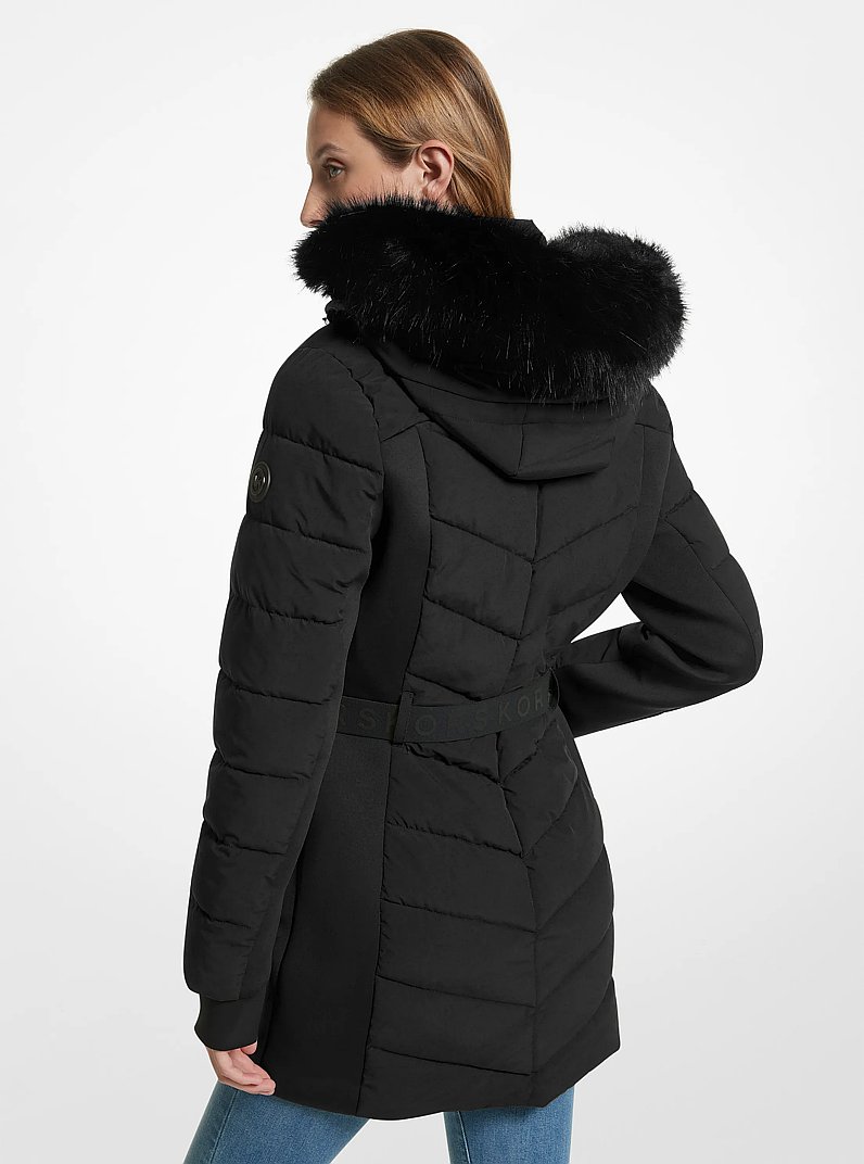 Faux Fur Trim Quilted Puffer Coat in BLACK | Michael Kors