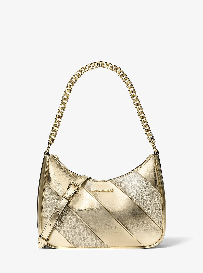 Grand sac &agrave; bandouli&egrave;re convertible Jet Set Travel &agrave; logo Signature m&eacute;tallis&eacute; in OR P&Acirc;LE | Michael Kors