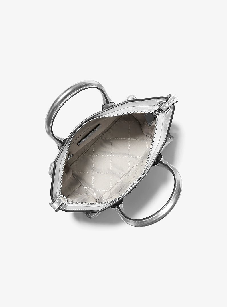 Avril Small Metallic Studded Patchwork and Signature Logo Satchel in SILVER | Michael Kors