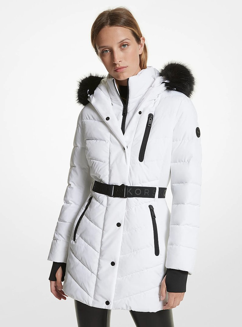 Faux Fur Trim Quilted Puffer Coat in WHITE | Michael Kors