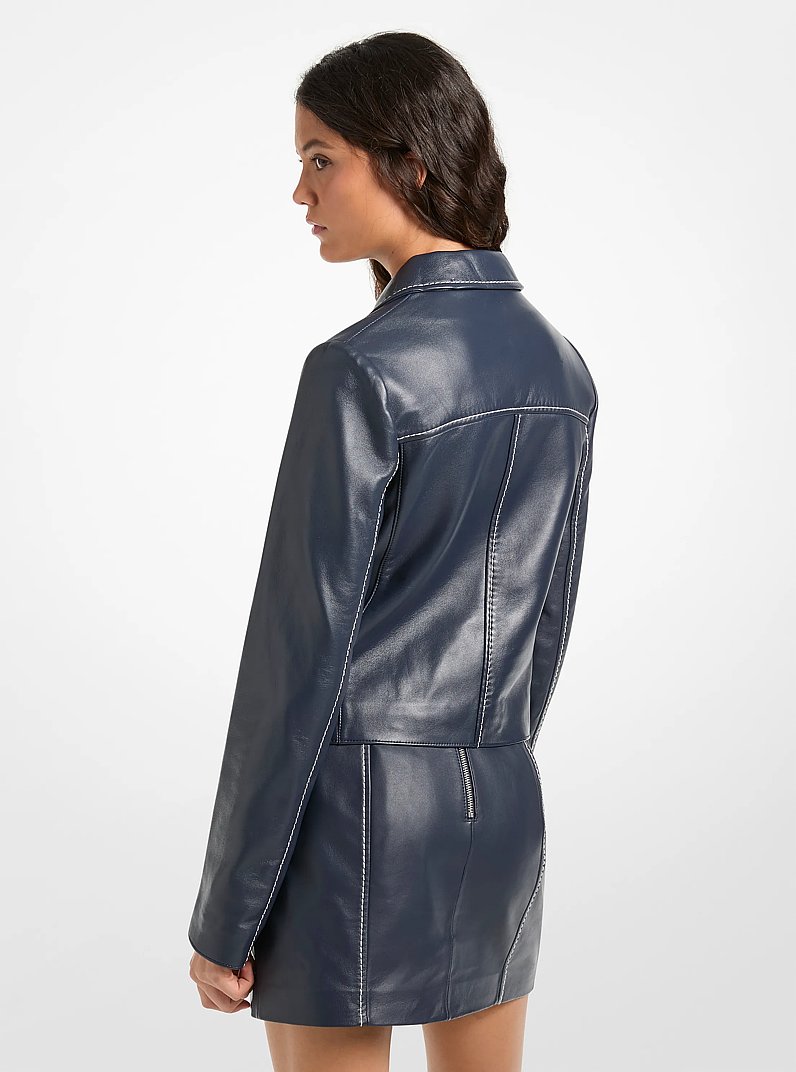 Contrast-Trim Leather Cropped Blazer in MIDNIGHTBLUE | Michael Kors