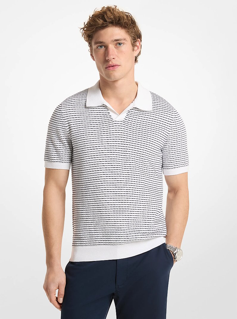 Textured Striped Cotton Polo Shirt in WHITE | Michael Kors