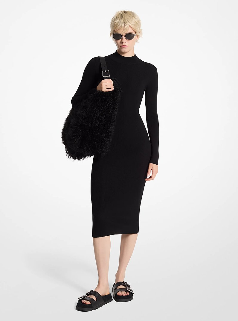 Stretch Wool Blend Mock Neck Dress in BLACK | Michael Kors