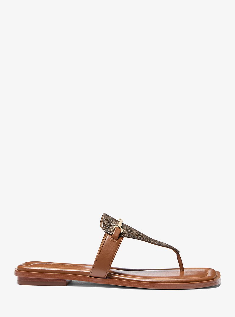Lena Signature Logo and Leather T-Strap Sandal in BROWN/LUGGAGE | Michael Kors