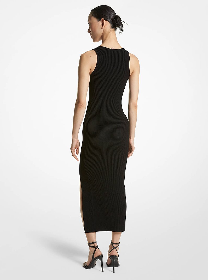 Ribbed Stretch Viscose Crepe Slit Dress in BLACK | Michael Kors