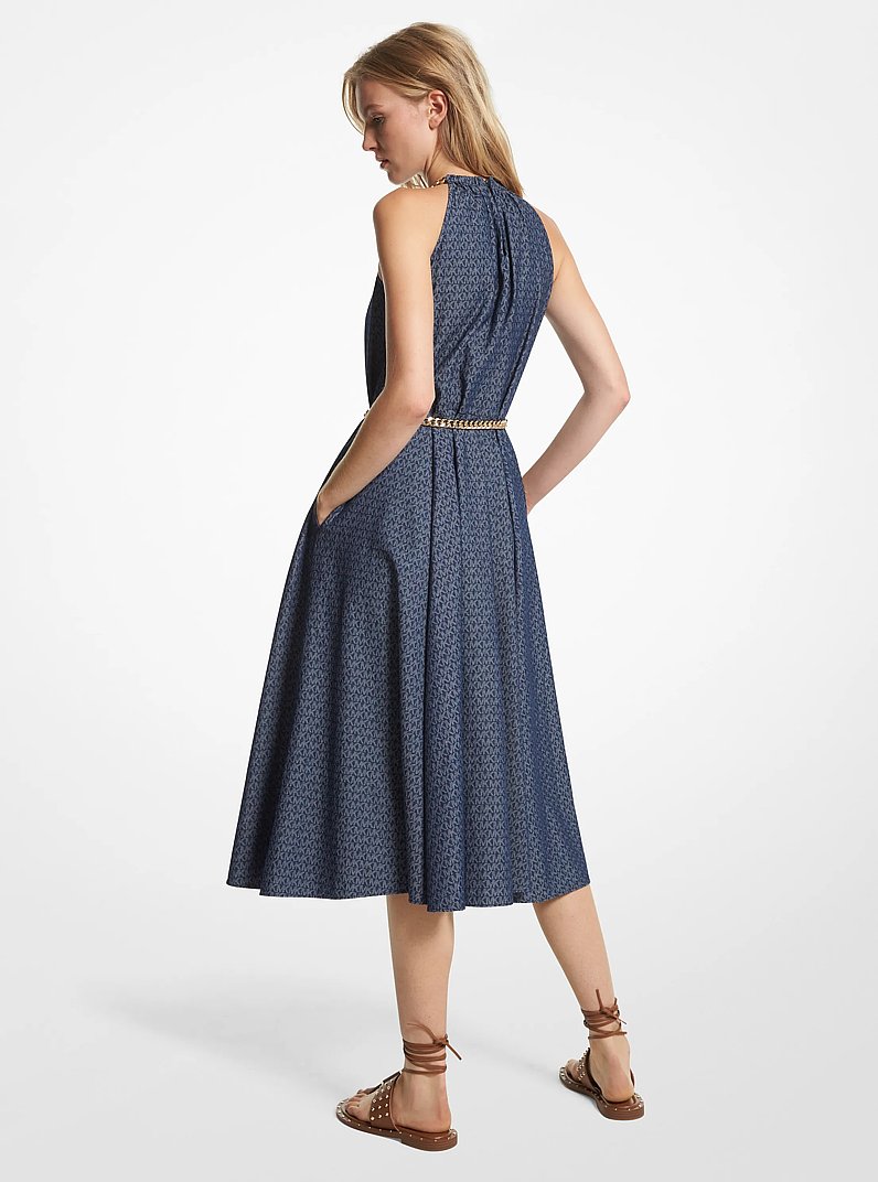 Logo Denim Jacquard Belted Halter Dress in RINSE | Michael Kors
