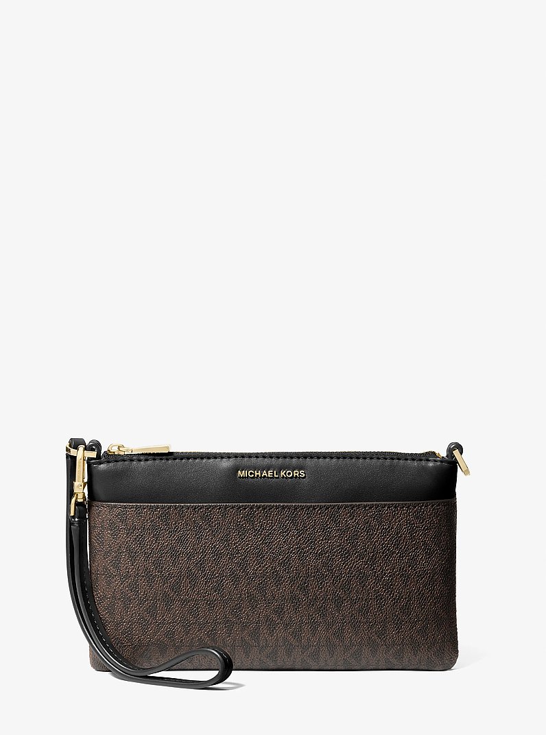 Jet Set Medium Signature Logo Wristlet in BROWN/BLK | Michael Kors
