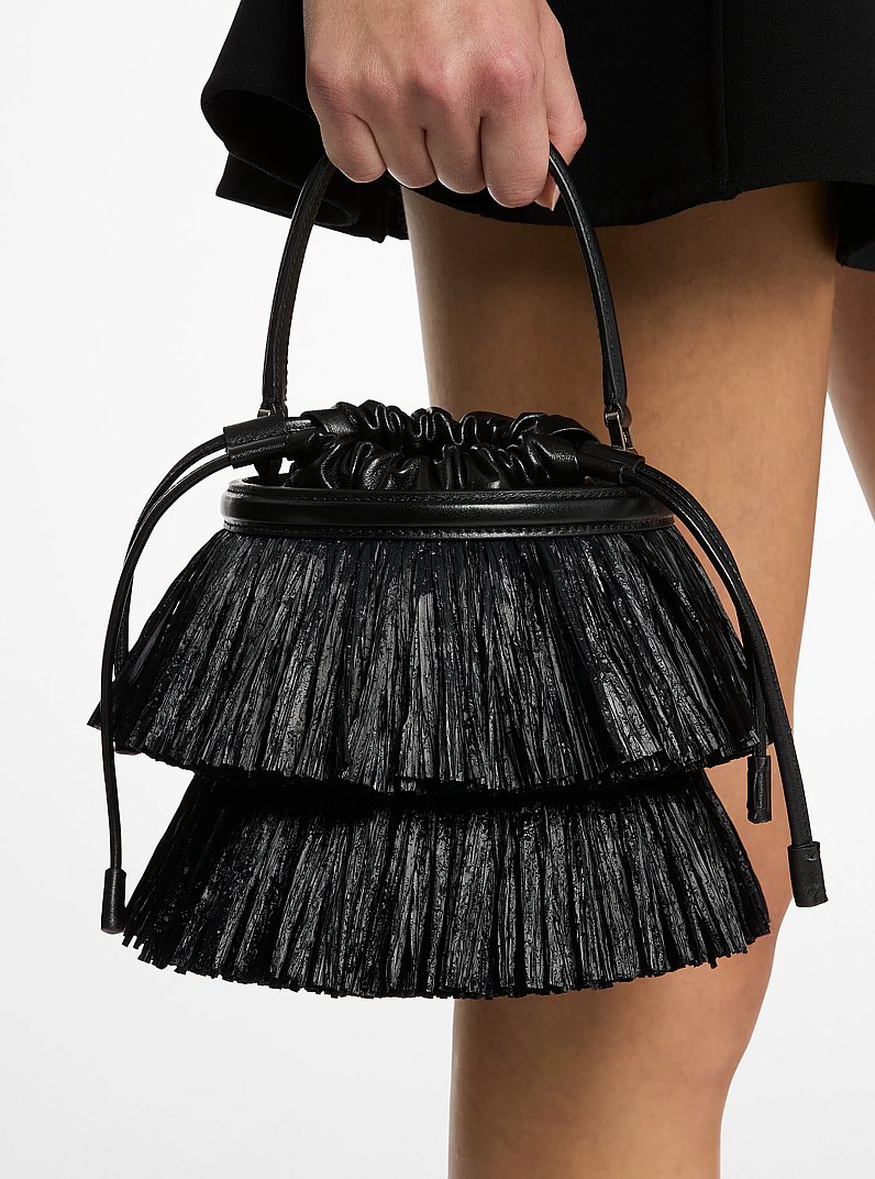 Ischia Mini Leather and Fringe Bucket Bag in BLACK | Michael Kors