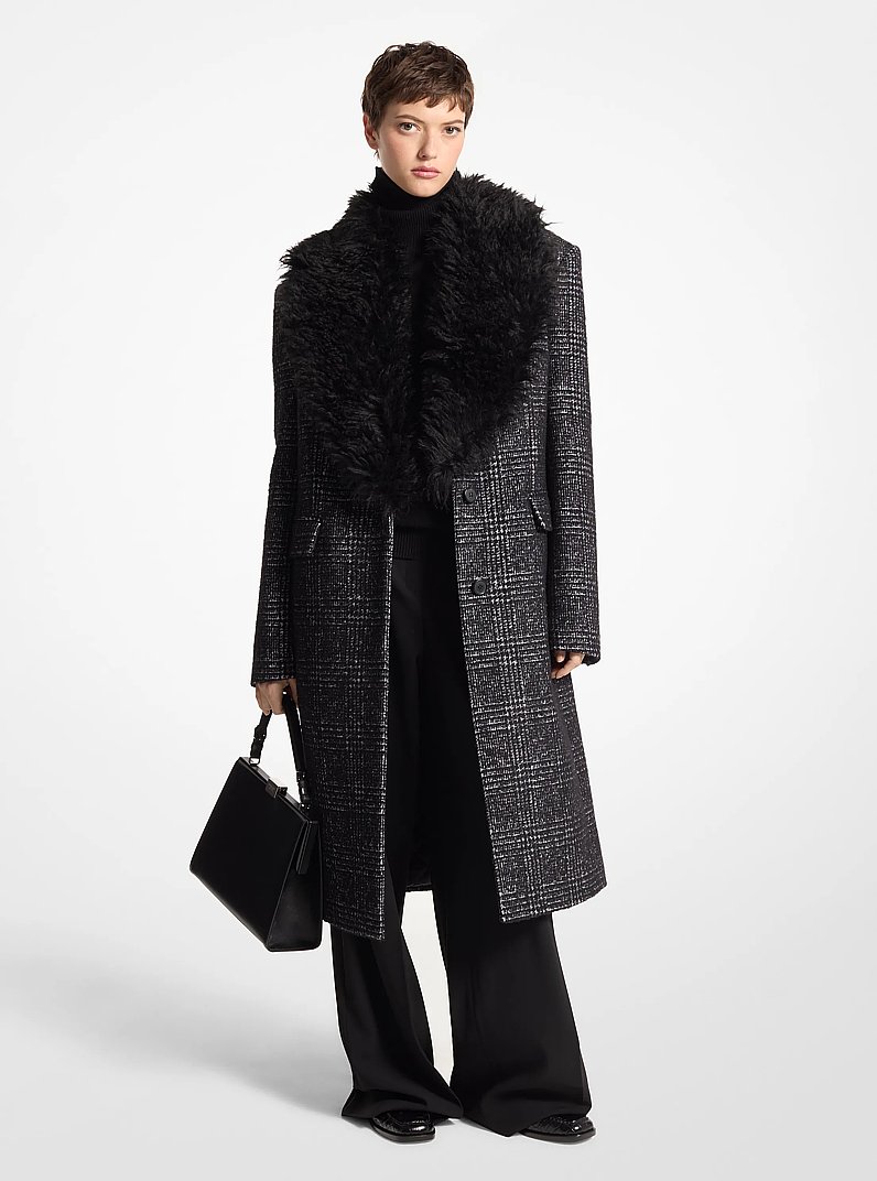 Cappotto Chesterfield in seta e lana Melton principe di Galles e mohair lavorato a maglia in NERO/BIANCO | Michael Kors