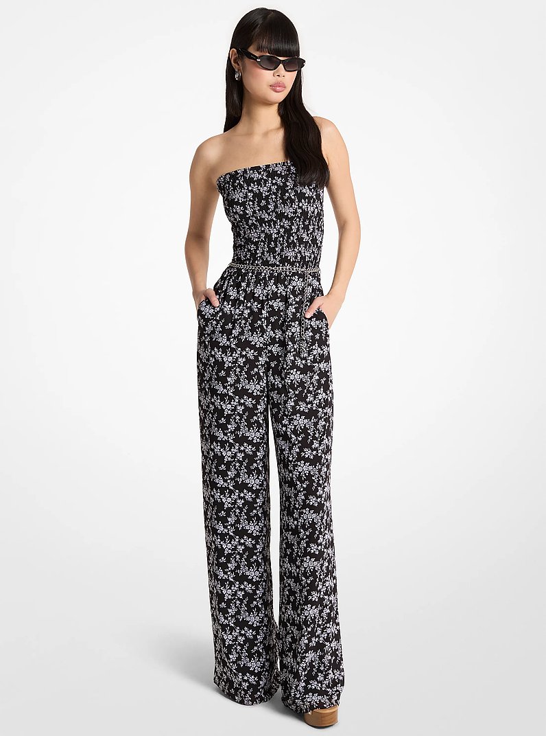 Floral Print Smocked Georgette Belted Jumpsuit in BLACK/WHITE | Michael Kors
