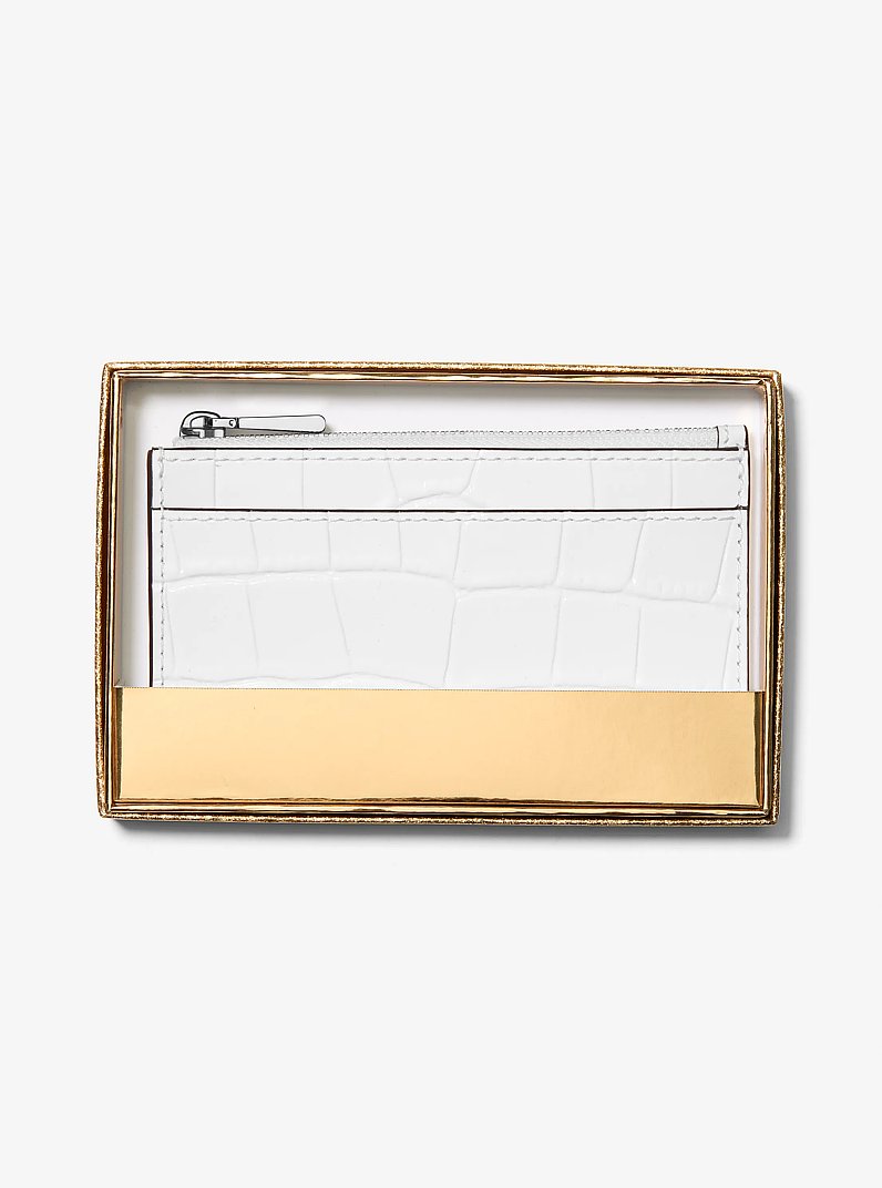 Jet Set Small Crocodile Embossed Leather Card Case in OPTIC WHITE | Michael Kors