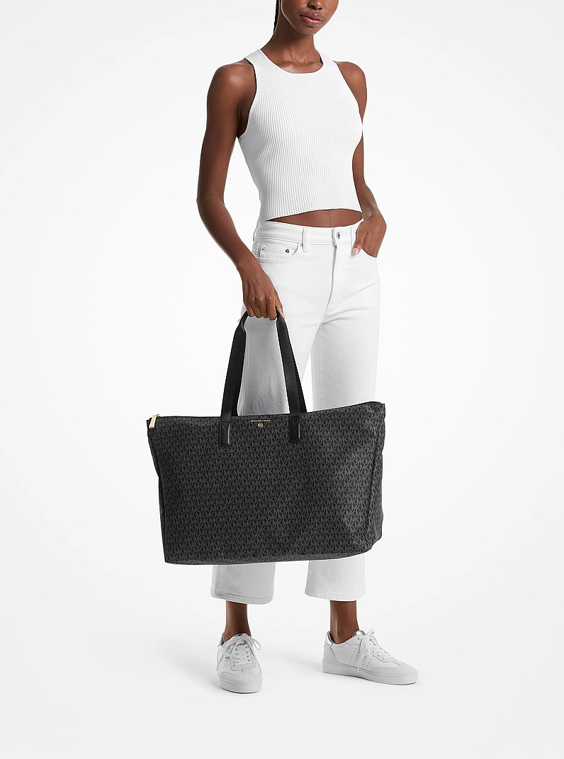 Jet Set Travel Large Signature Logo Print Woven Tote Bag in BLACK | Michael Kors