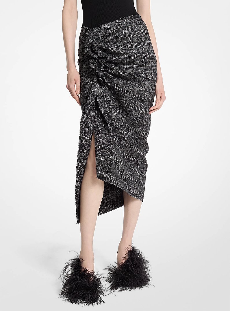 Smudged Glen Plaid Wool Pareo Skirt in BLACK/VANILLA | Michael Kors