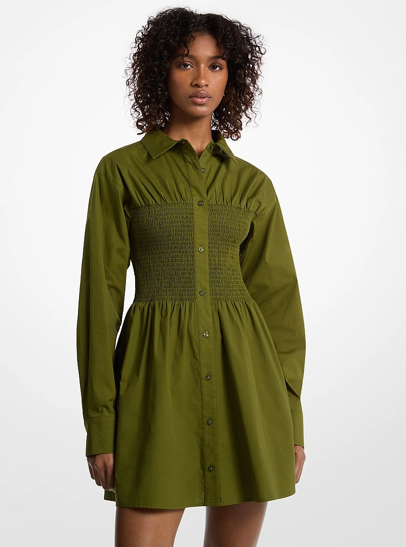Vestido camisero fruncido de popelina de algod&oacute;n el&aacute;stica in VERDE &Aacute;RBOL | Michael Kors