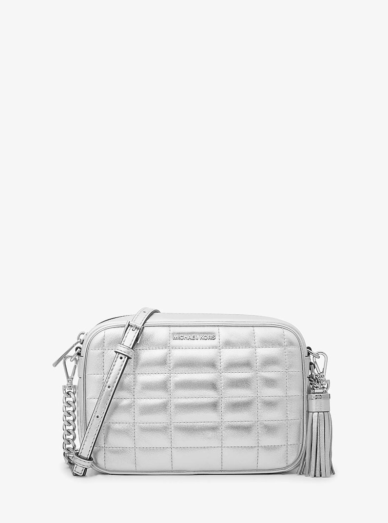 Jet Set Medium Quilted Metallic Leather Crossbody Bag in SILVER | Michael Kors