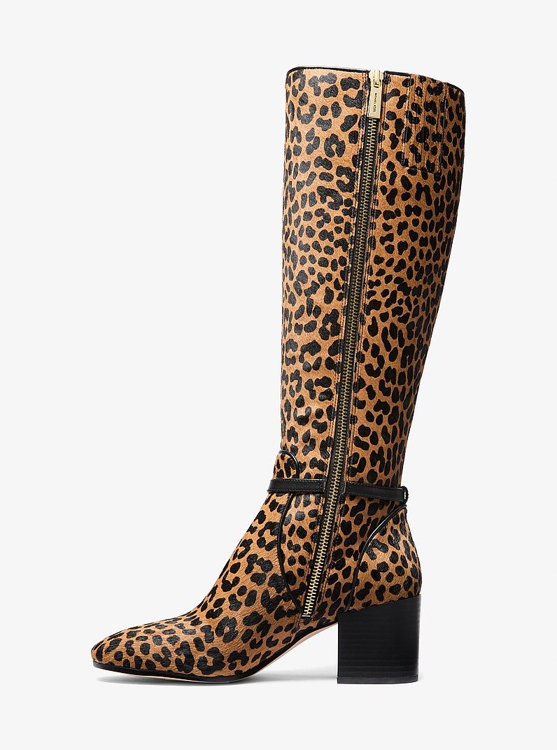 Ella Leopard Print Calf Hair Wide Calf Block Heel Boot in DEER MULTI | Michael Kors