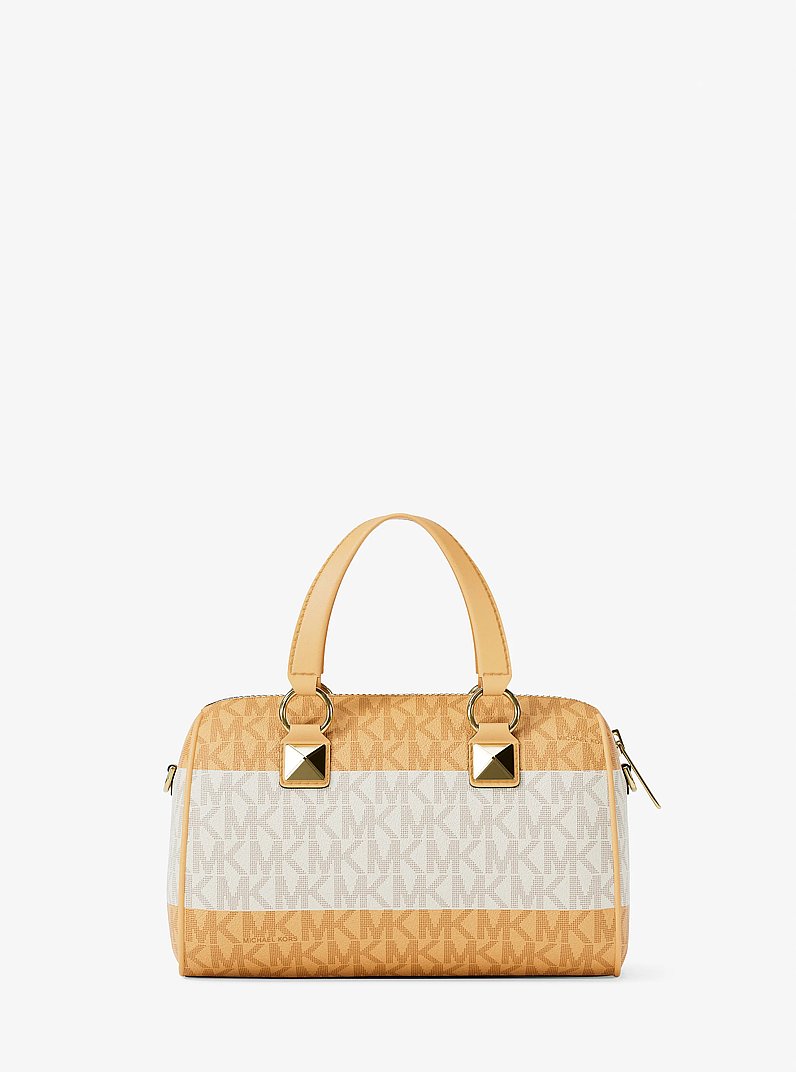 Grayson Small Striped Signature Logo Duffel Crossbody Bag in HONEYWHEAT | Michael Kors