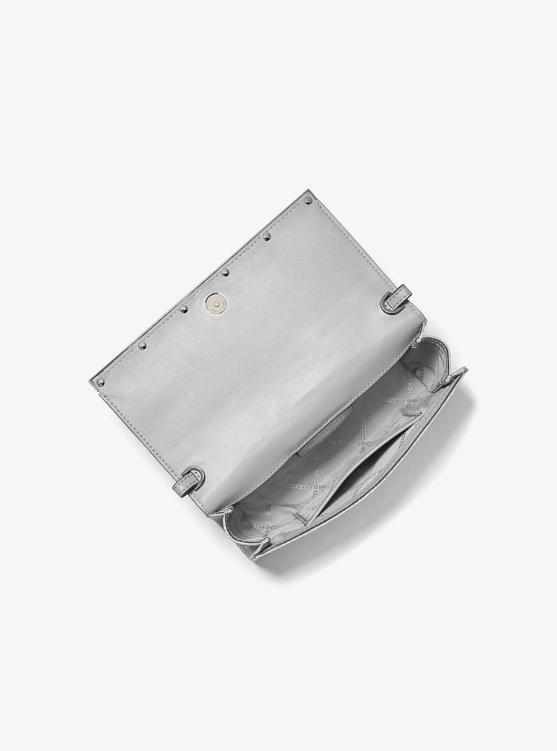Mona Large Glitter Chain Mesh Clutch in SILVER | Michael Kors