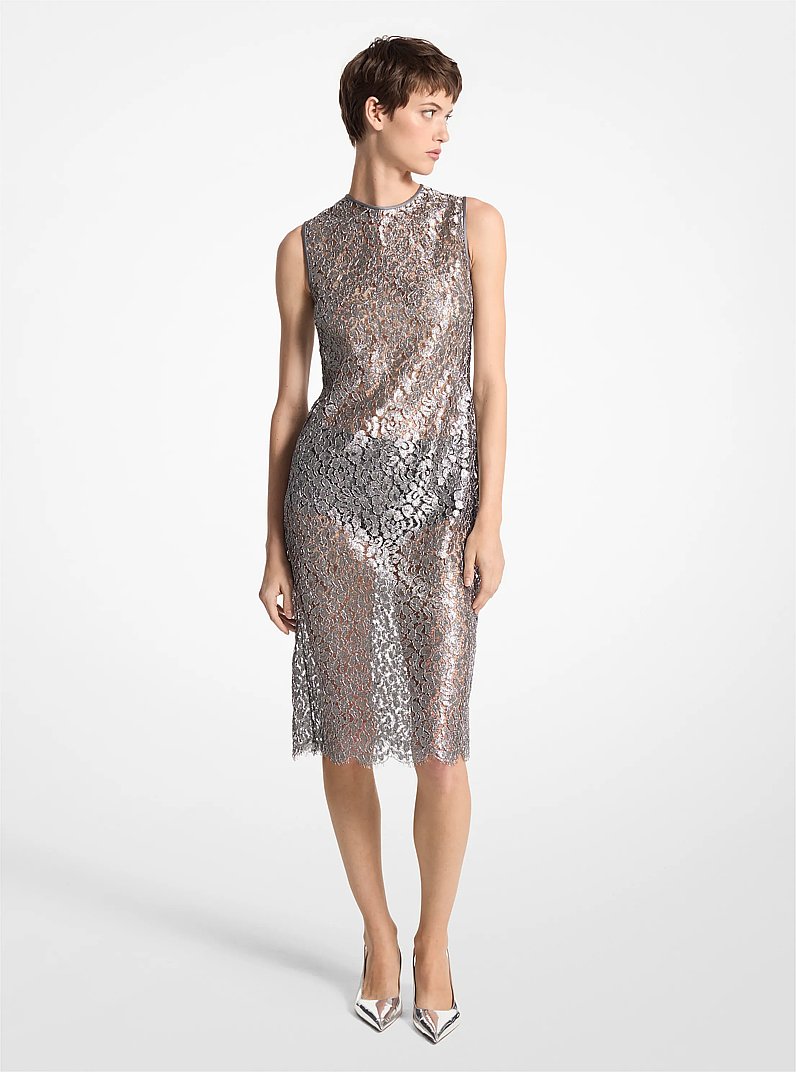 Metallic Floral Lace Sheath Dress in GUNMETAL | Michael Kors