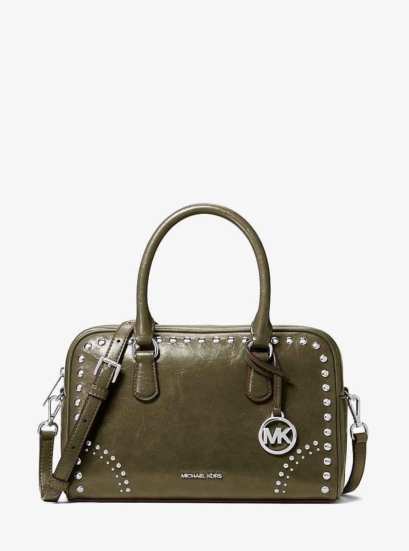 Thompson Medium Distressed Studded Satchel in OLIVE | Michael Kors