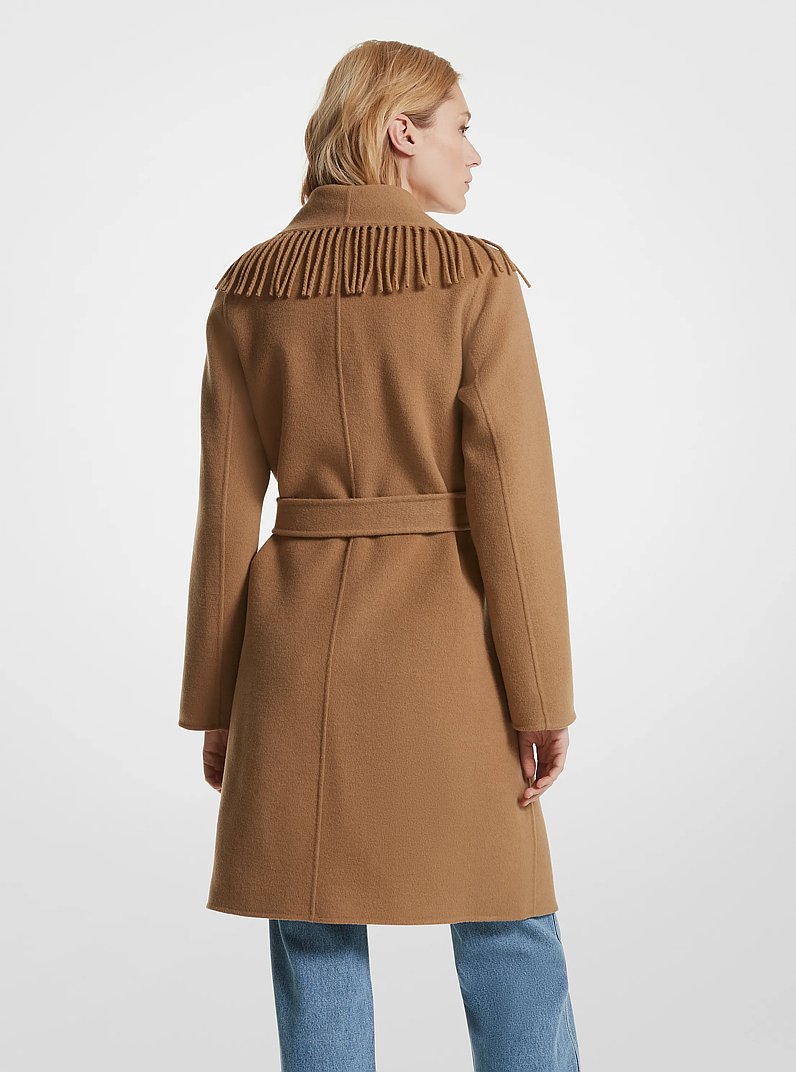 Fringe Wool Blend Belted Coat in DARK CAMEL | Michael Kors