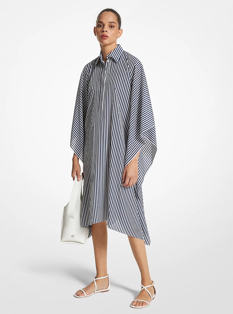 Striped Organic Silk Crepe De Chine Caftan Shirtdress in NAVY/OP WHTE | Michael Kors