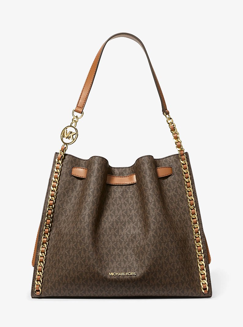 Mina Large Signature Logo Chain Shoulder Bag in BROWN | Michael Kors