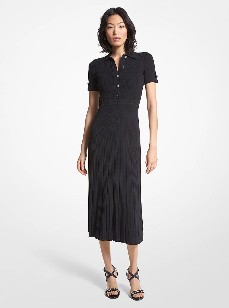 Ribbed Stretch Knit Polo Dress in BLACK | Michael Kors