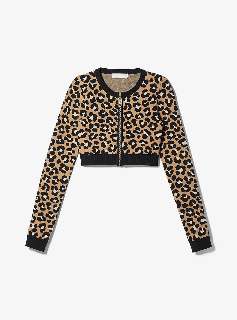 Cardigan aus Jacquardstrick mit Leopardenmuster und Rei&szlig;verschluss in DUNKLES KAMELBRAUN | Michael Kors