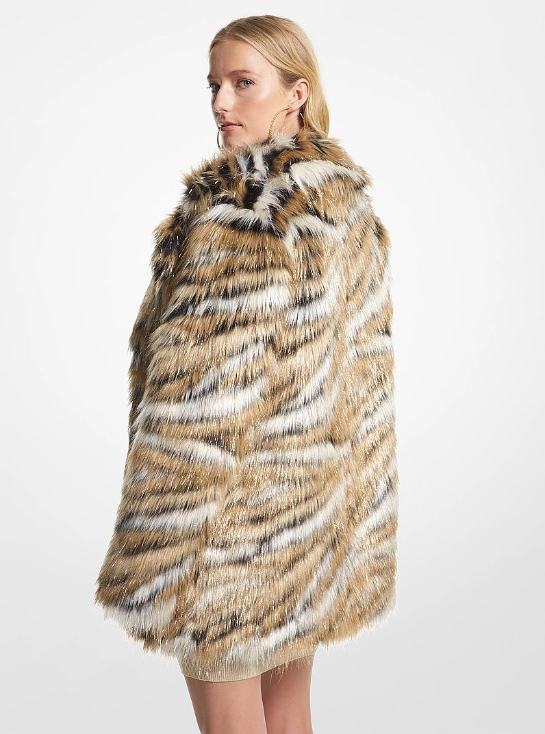 Metallic Tiger Jacquard Faux Fur Coat in KHAKI | Michael Kors