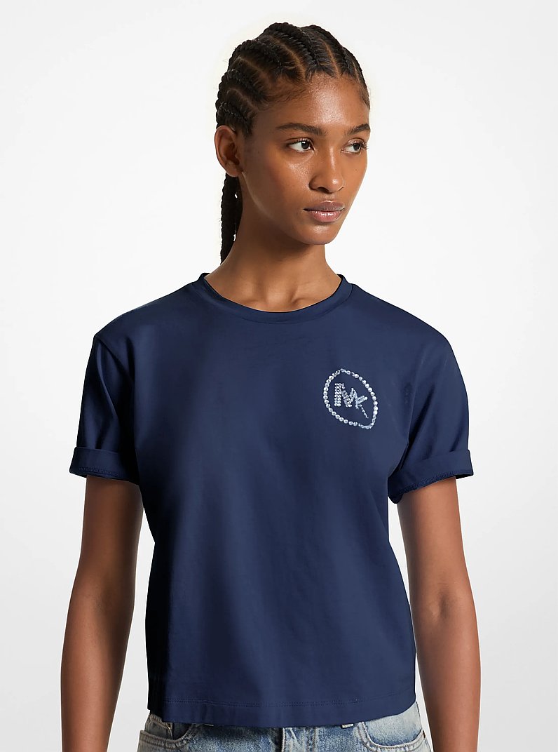 Embellished Logo Organic Cotton T-Shirt in MIDNIGHTBLUE | Michael Kors