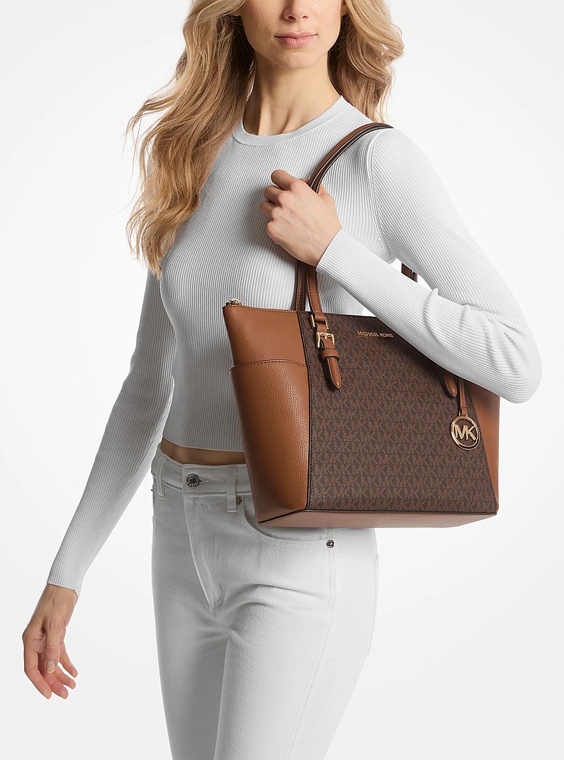 Charlotte Large Logo and Leather Top-Zip Tote Bag in BROWN - Sale