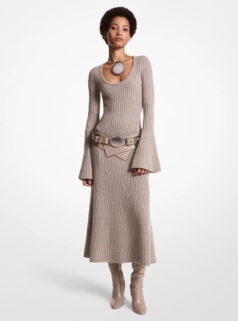 Ribbed Stretch Cashmere Flare-Sleeve Dress in TAUPE MELANGE | Michael Kors