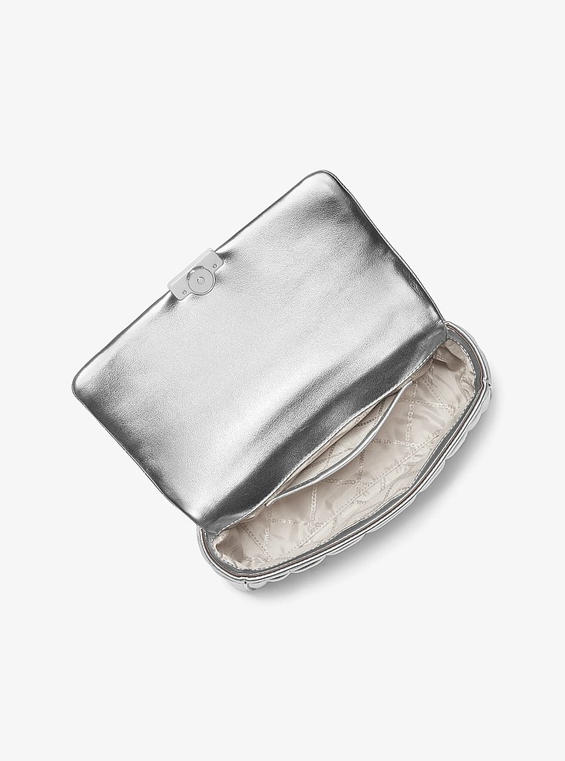 Tribeca Large Metallic Quilted Leather Shoulder Bag in SILVER | Michael Kors