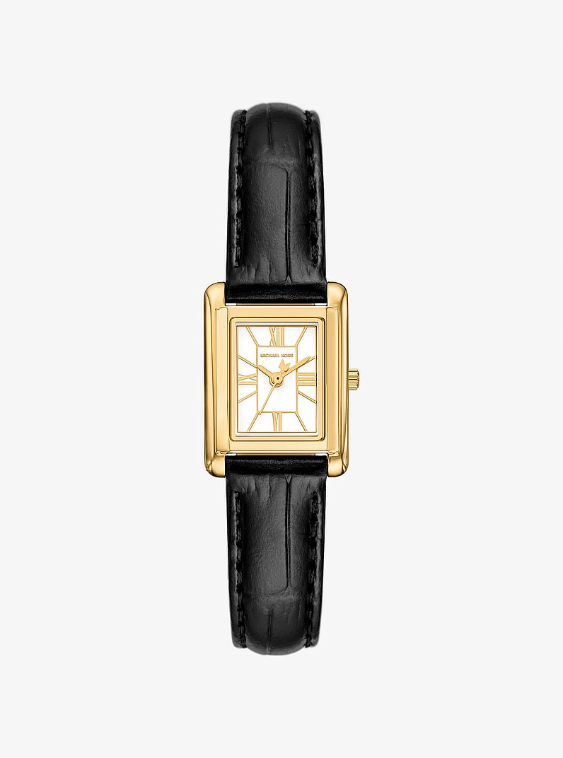 Petite Essex Gold-Tone and Crocodile Embossed Leather Strap Watch in BLACK | Michael Kors