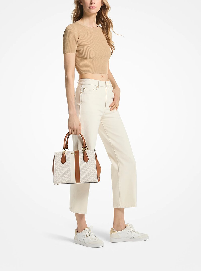 Henkeltasche Marilyn Medium mit Logo und Streifen in VANILLE/LUGGAGE | Michael Kors
