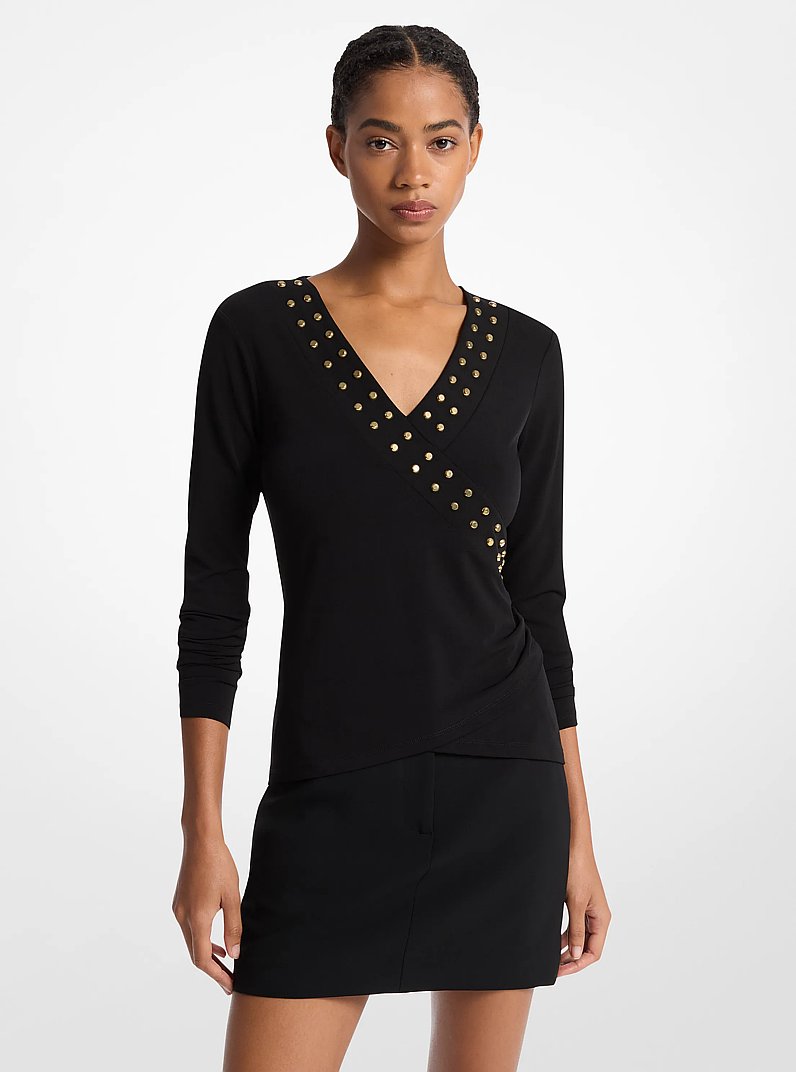 Astor Stud Matte Jersey Top in BLACK | Michael Kors