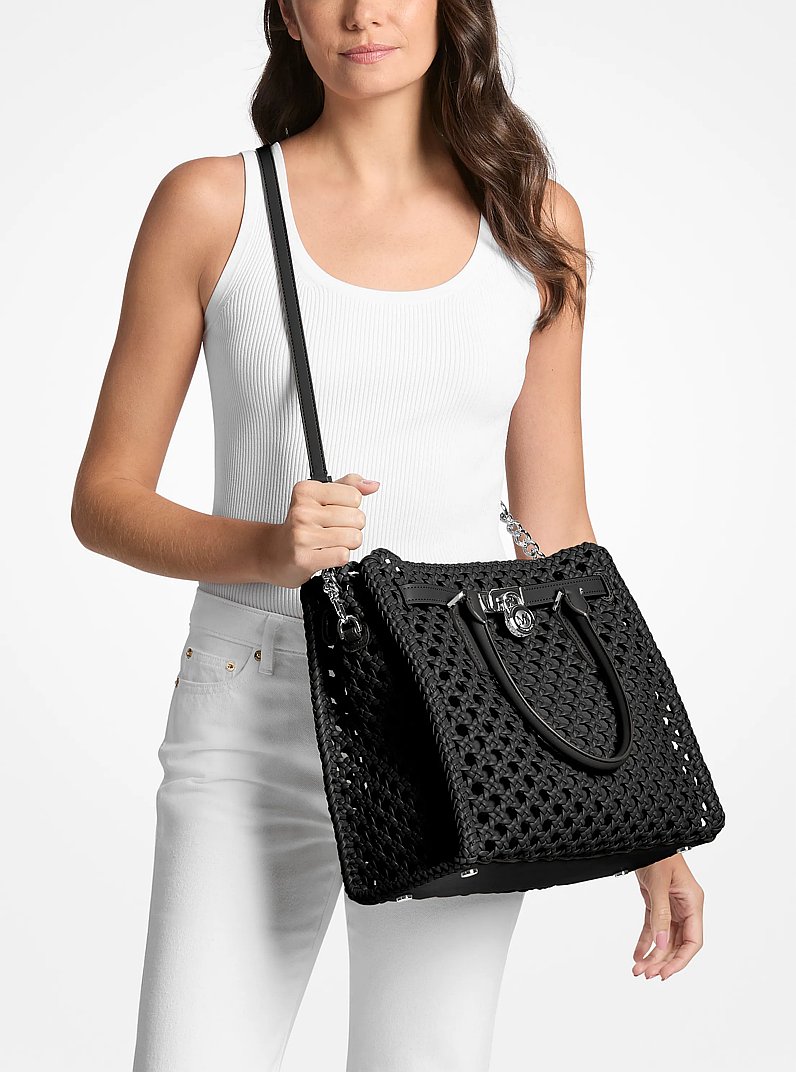 Hamilton Moderne Large Hand-Woven Satchel in BLACK | Michael Kors